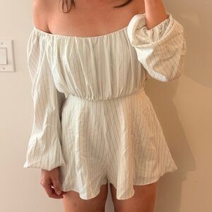 Finders Keepers Off-Shoulder White Striped Romper